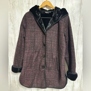 Ike Behar Burgundy Plaid Teddy Hooded Jacket Size L